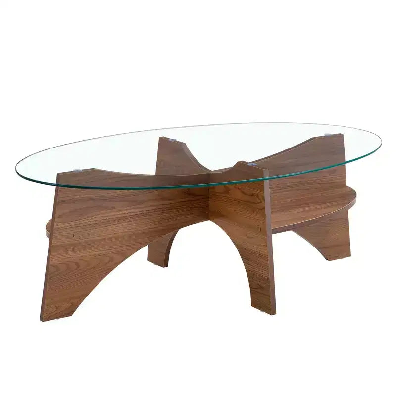 Table basse en verre, table basse ronde, table basse ovale, table d'appoint, table de canapé avec pieds en éventail diagonal, noyer/naturel-ModernLuxe