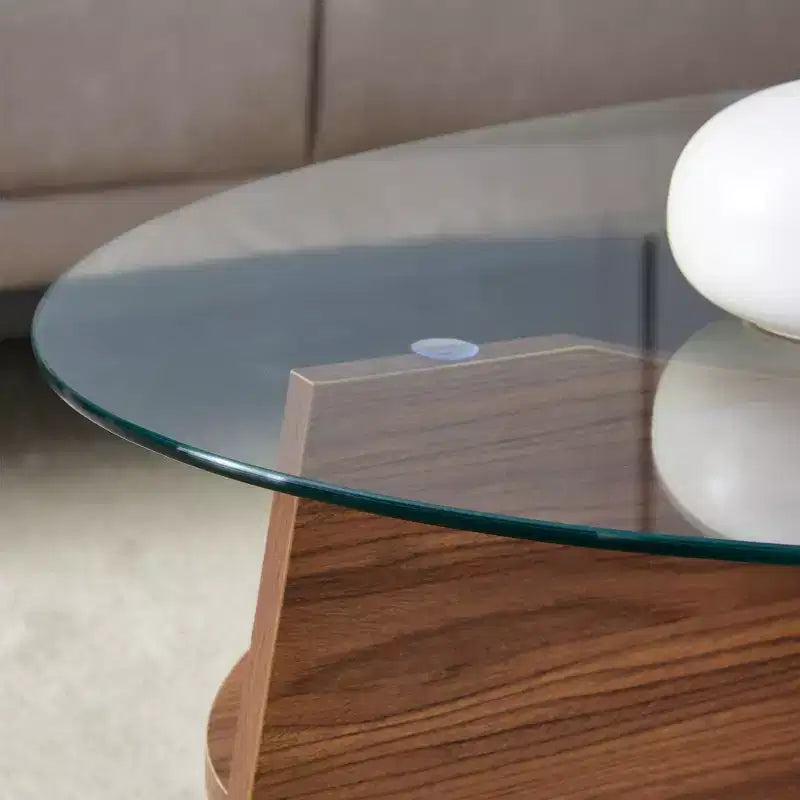 Table basse en verre, table basse ronde, table basse ovale, table d'appoint, table de canapé avec pieds en éventail diagonal, noyer/naturel-ModernLuxe