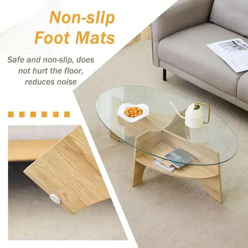 Table basse en verre, table basse ronde, table basse ovale, table d'appoint, table de canapé avec pieds en éventail diagonal, noyer/naturel-ModernLuxe