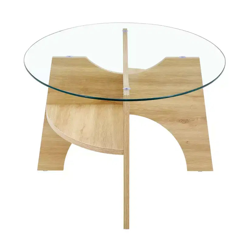 Table basse en verre, table basse ronde, table basse ovale, table d'appoint, table de canapé avec pieds en éventail diagonal, noyer/naturel-ModernLuxe