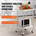VEVOR Table de Travail en Acier Inoxydable 61 x 61 x 96,5 cm, Capacité de Charge de 317,5 kg avec 4 Roues, 3 Niveaux de Hauteur Réglables, Plan de Travail Robuste pour Préparation Alimentaire