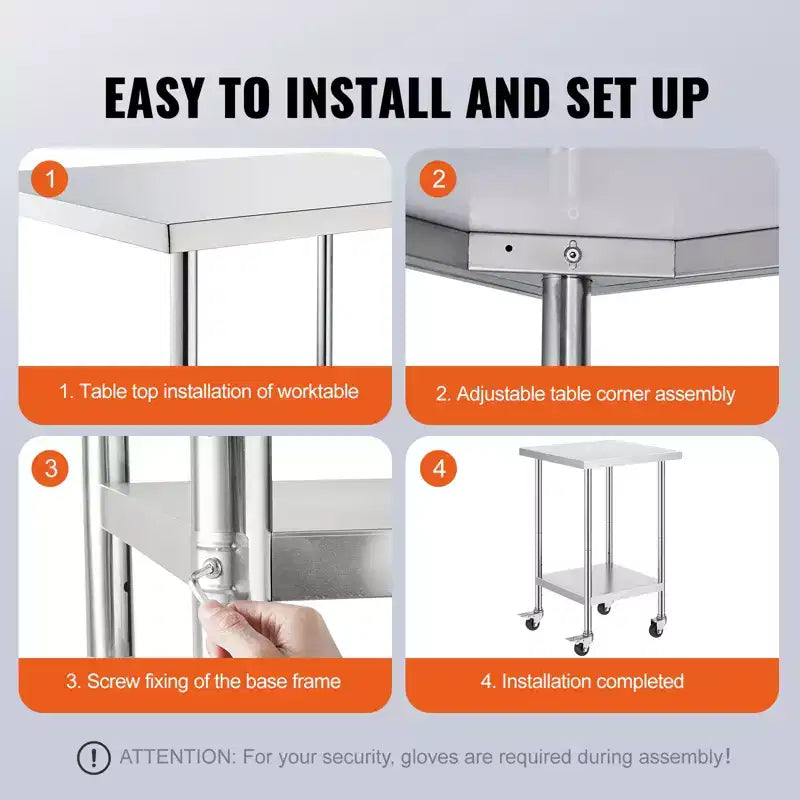 VEVOR Table de Travail en Acier Inoxydable 61 x 61 x 96,5 cm, Capacité de Charge de 317,5 kg avec 4 Roues, 3 Niveaux de Hauteur Réglables, Plan de Travail Robuste pour Préparation Alimentaire