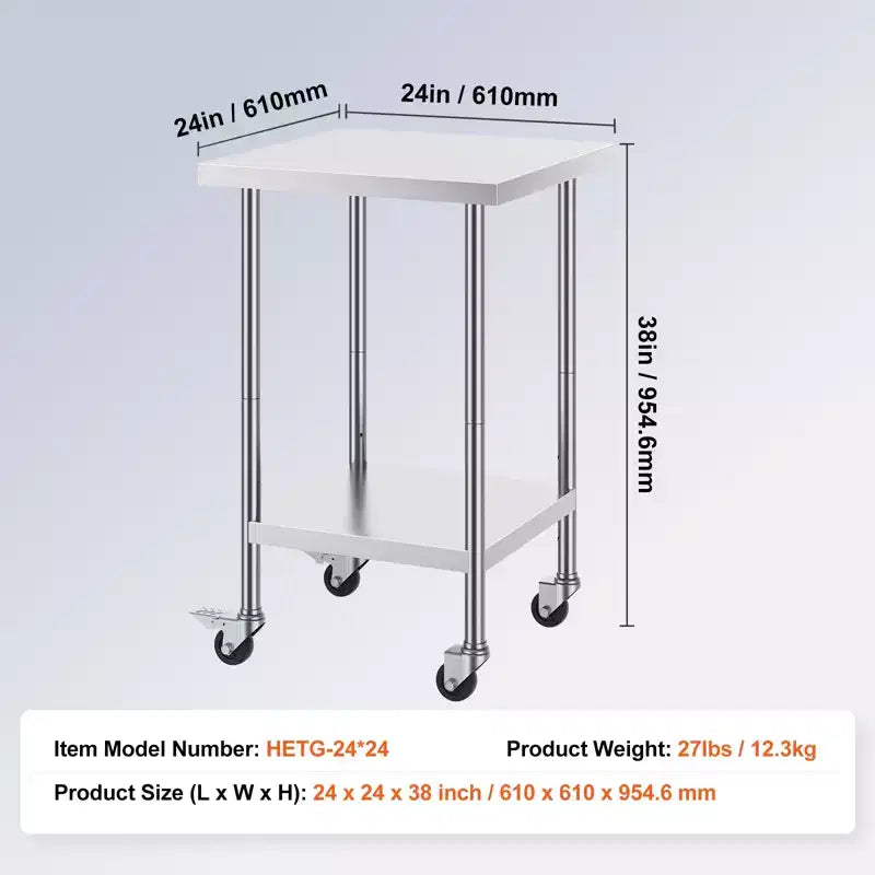 VEVOR Table de Travail en Acier Inoxydable 61 x 61 x 96,5 cm, Capacité de Charge de 317,5 kg avec 4 Roues, 3 Niveaux de Hauteur Réglables, Plan de Travail Robuste pour Préparation Alimentaire