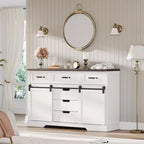 47.2 Armoire de buffet de ferme, armoire de salle à manger avec 6 tiroirs, bar à café blanc avec portes de grange coulissantes pour salle à manger, cuisine, salon