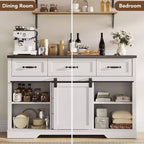 47.2 Armoire de buffet de ferme, armoire de salle à manger avec 6 tiroirs, bar à café blanc avec portes de grange coulissantes pour salle à manger, cuisine, salon