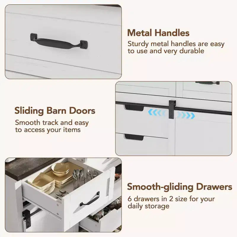 47.2 Armoire de buffet de ferme, armoire de salle à manger avec 6 tiroirs, bar à café blanc avec portes de grange coulissantes pour salle à manger, cuisine, salon