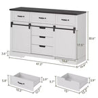 47.2 Armoire de buffet de ferme, armoire de salle à manger avec 6 tiroirs, bar à café blanc avec portes de grange coulissantes pour salle à manger, cuisine, salon