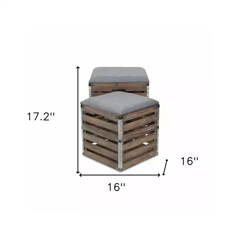HomeRoots Lot de 2 bancs de rangement carrés en tissu de lin gris et lattes de bois