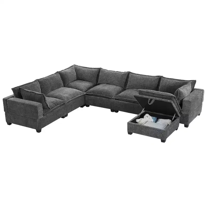 Canapé d'angle modulable Whisen avec pouf de rangement mobile, canapé en U 7 places