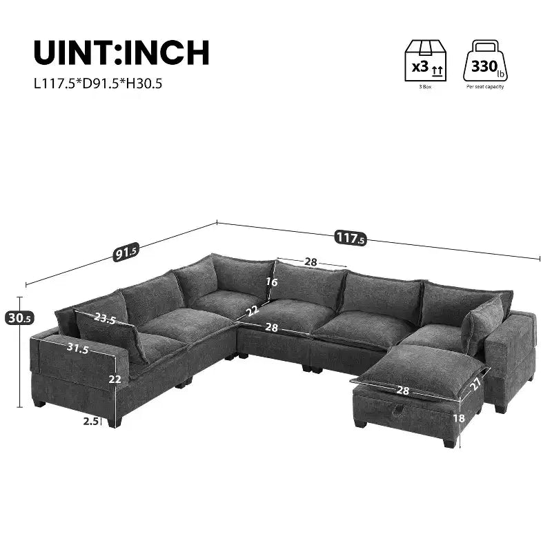 Canapé d'angle modulable Whisen avec pouf de rangement mobile, canapé en U 7 places
