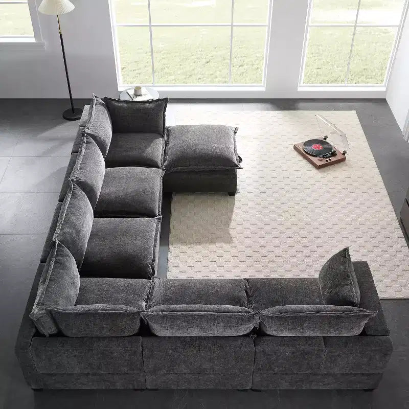 Canapé d'angle modulable Whisen avec pouf de rangement mobile, canapé en U 7 places