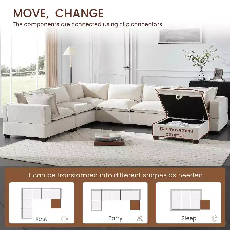 Canapé d'angle modulable Whisen avec pouf de rangement mobile, canapé en U 7 places