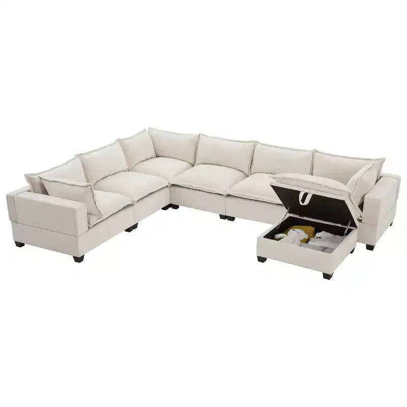 Canapé d'angle modulable Whisen avec pouf de rangement mobile, canapé en U 7 places