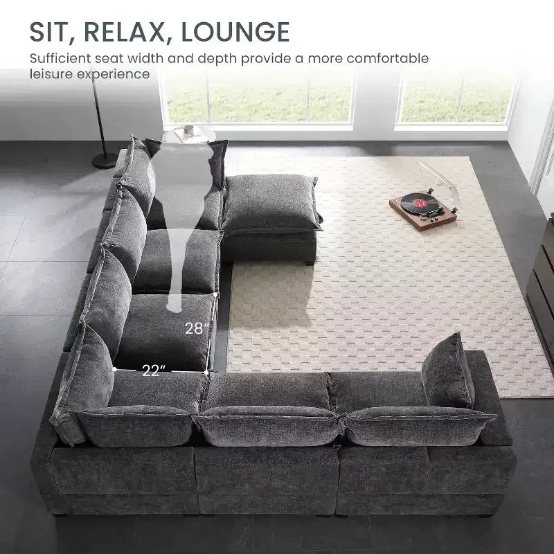 Canapé d'angle modulable Whisen avec pouf de rangement mobile, canapé en U 7 places