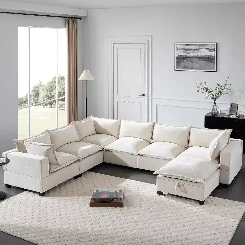 Canapé d'angle modulable Whisen avec pouf de rangement mobile, canapé en U 7 places
