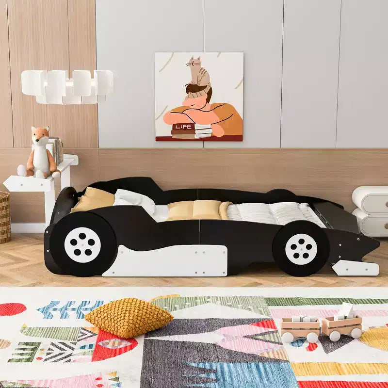 Lit plateforme Whisen Unique Design en forme de voiture de course, taille double, avec roues
