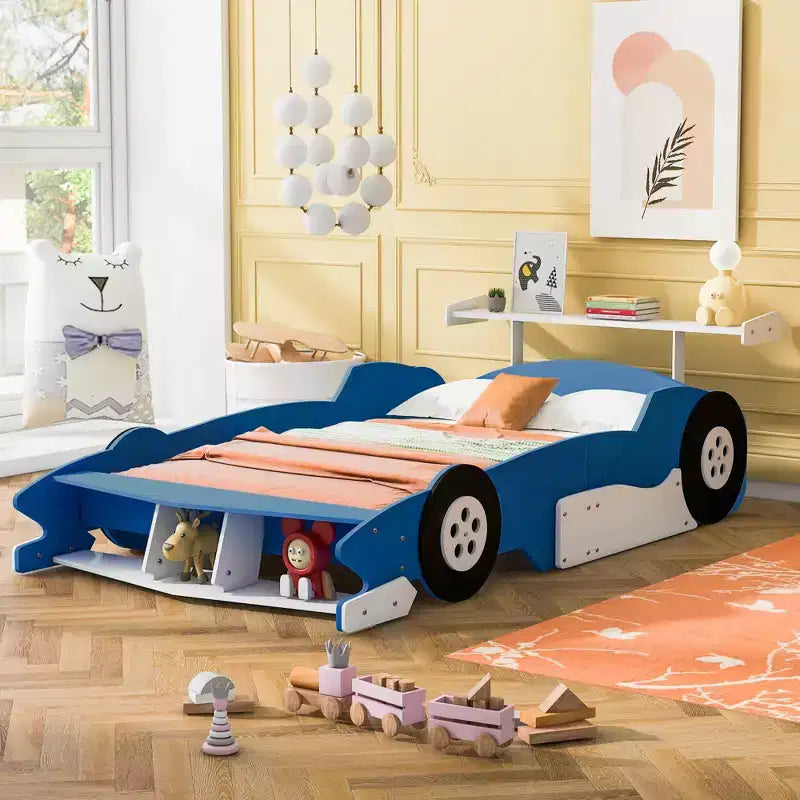 Lit plateforme Whisen Unique Design en forme de voiture de course, taille double, avec roues