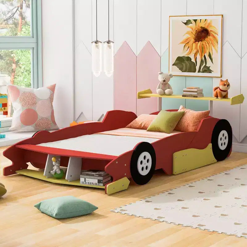 Lit plateforme Whisen Unique Design en forme de voiture de course, taille double, avec roues