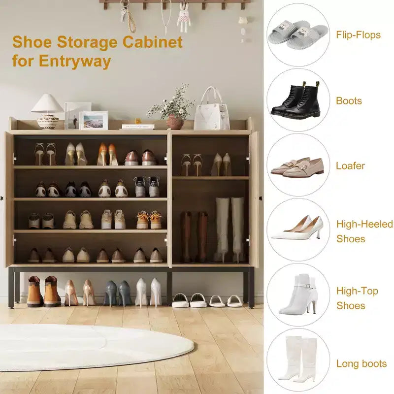 Meuble à chaussures avec 3 portes en rotin, organiseur de rangement à chaussures autoportant avec étagères réglables, armoire de rangement à chaussures à 7 niveaux pour entrée, salon