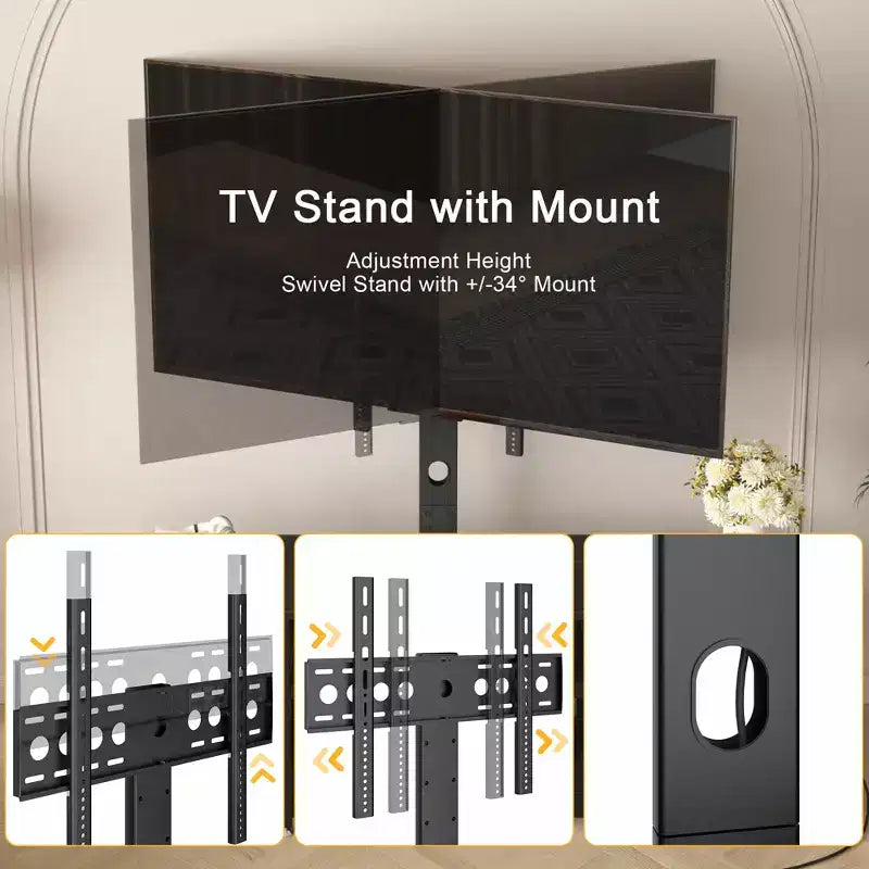 Meuble TV VECELO avec support et prise de courant, Console avec centre de divertissement réglable en hauteur et étagères de rangement pour TV de 70 po, Noir/Marron