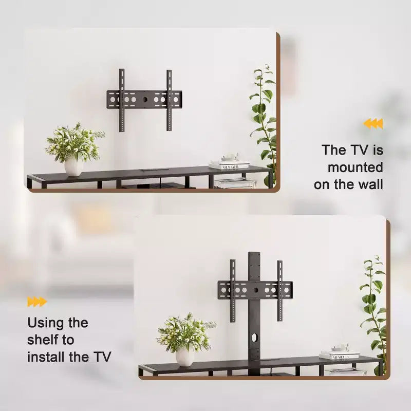 Meuble TV VECELO avec support et prise de courant, Console avec centre de divertissement réglable en hauteur et étagères de rangement pour TV de 70 po, Noir/Marron