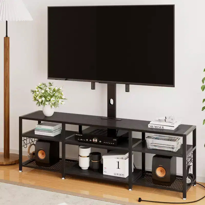 Meuble TV VECELO avec support et prise de courant, Console avec centre de divertissement réglable en hauteur et étagères de rangement pour TV de 70 po, Noir/Marron