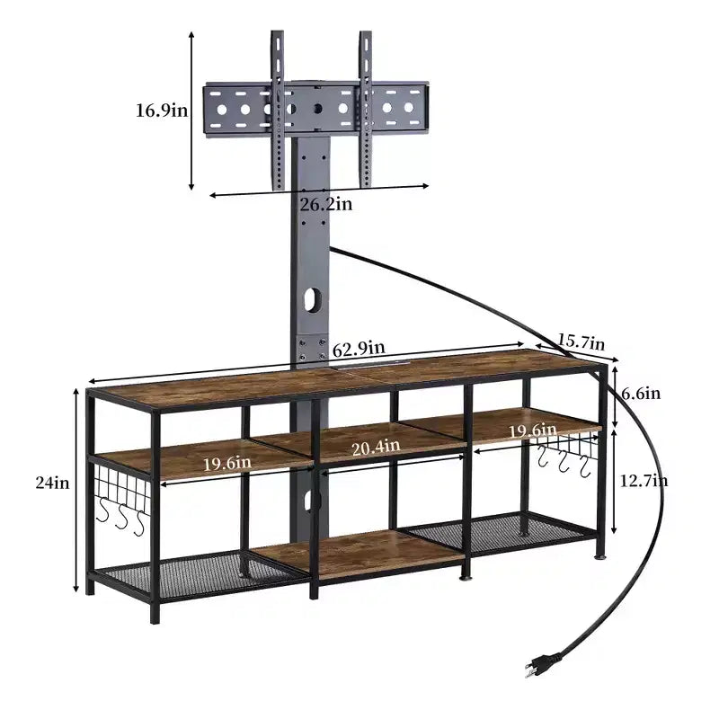Meuble TV VECELO avec support et prise de courant, Console avec centre de divertissement réglable en hauteur et étagères de rangement pour TV de 70 po, Noir/Marron