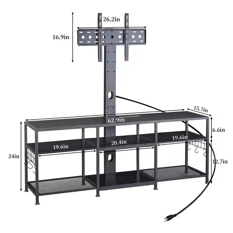 Meuble TV VECELO avec support et prise de courant, Console avec centre de divertissement réglable en hauteur et étagères de rangement pour TV de 70 po, Noir/Marron