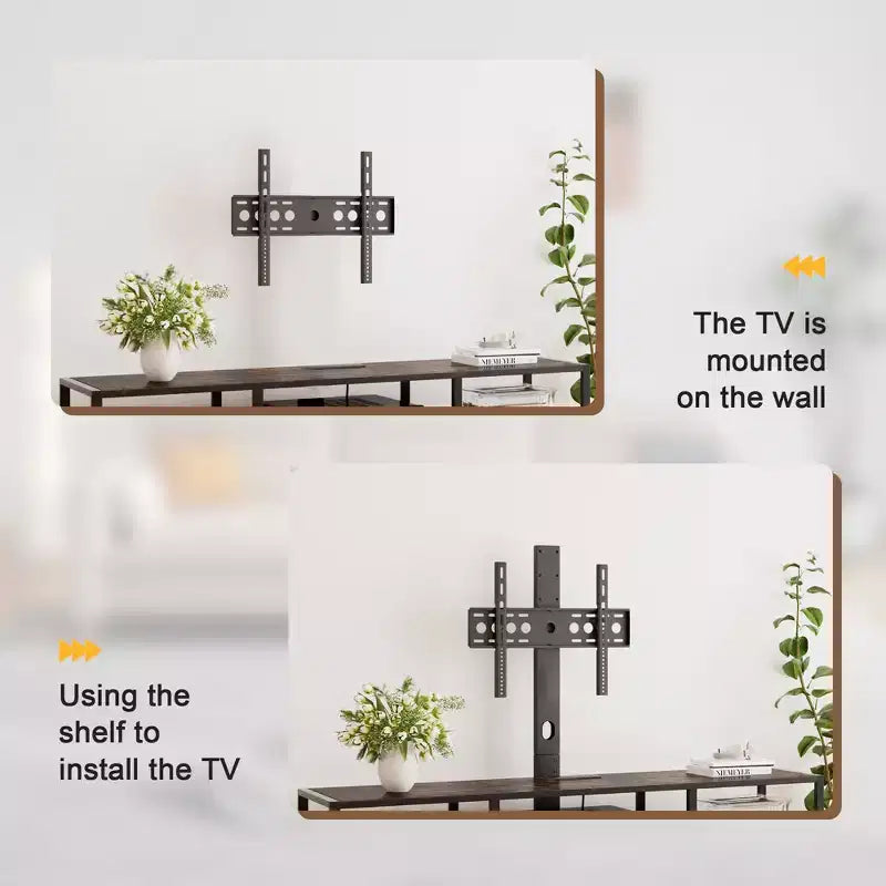 Meuble TV VECELO avec support et prise de courant, Console avec centre de divertissement réglable en hauteur et étagères de rangement pour TV de 70 po, Noir/Marron