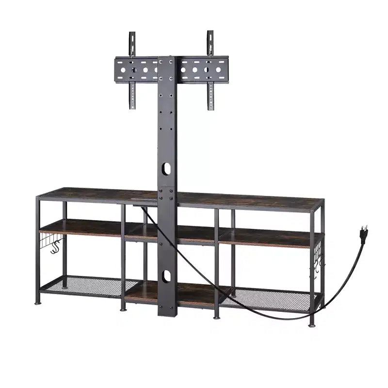Meuble TV VECELO avec support et prise de courant, Console avec centre de divertissement réglable en hauteur et étagères de rangement pour TV de 70 po, Noir/Marron