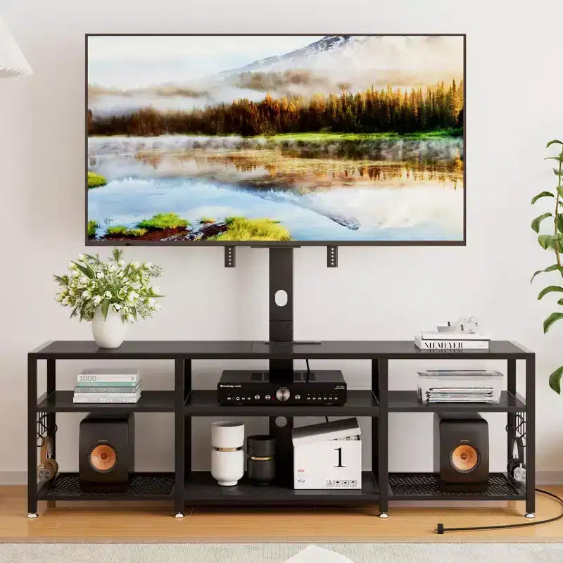 Meuble TV VECELO avec support et prise de courant, Console avec centre de divertissement réglable en hauteur et étagères de rangement pour TV de 70 po, Noir/Marron