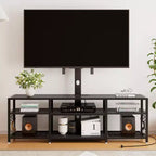 Meuble TV VECELO avec support et prise de courant, Console avec centre de divertissement réglable en hauteur et étagères de rangement pour TV de 70 po, Noir/Marron