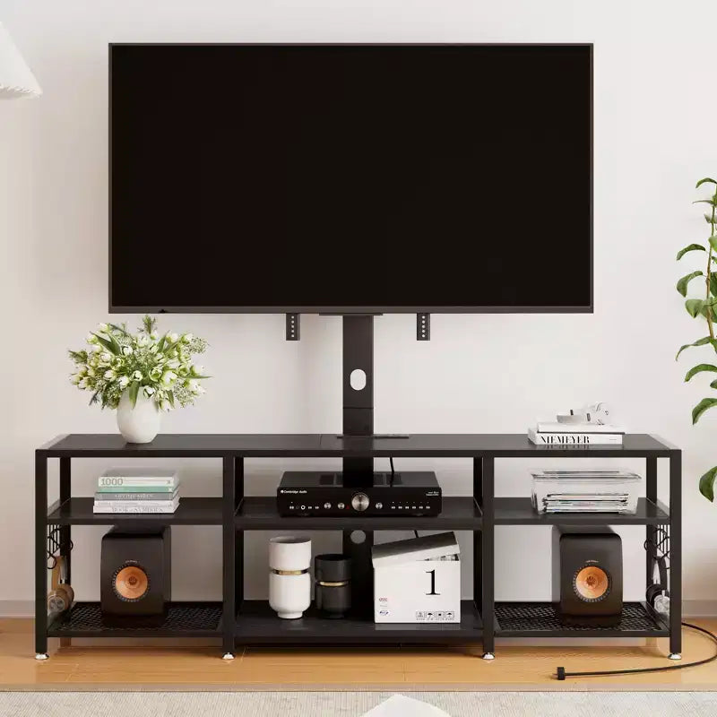 Meuble TV VECELO avec support et prise de courant, Console avec centre de divertissement réglable en hauteur et étagères de rangement pour TV de 70 po, Noir/Marron
