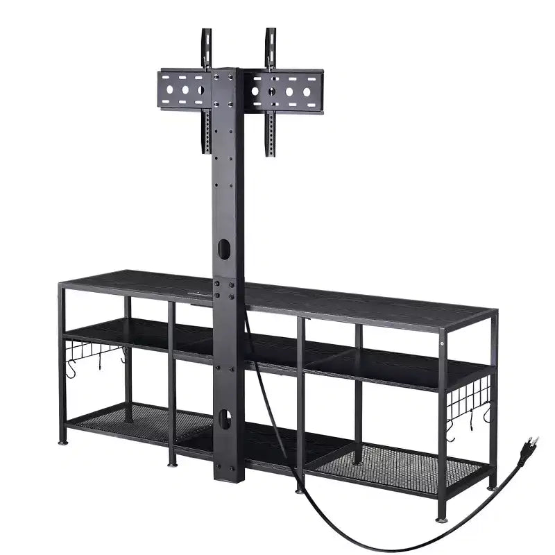 Meuble TV VECELO avec support et prise de courant, Console avec centre de divertissement réglable en hauteur et étagères de rangement pour TV de 70 po, Noir/Marron