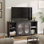 Meuble TV moderne pour téléviseur 65 pouces, meuble de divertissement noir avec étagères de rangement et portes en verre, console multimédia en bois pour salon