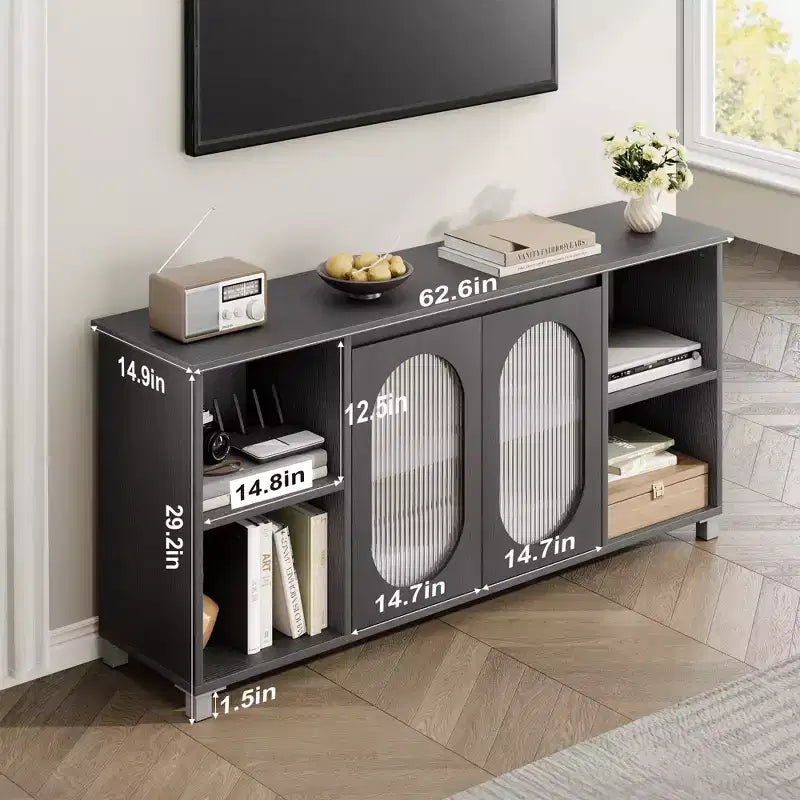 Meuble TV moderne pour téléviseur 65 pouces, meuble de divertissement noir avec étagères de rangement et portes en verre, console multimédia en bois pour salon
