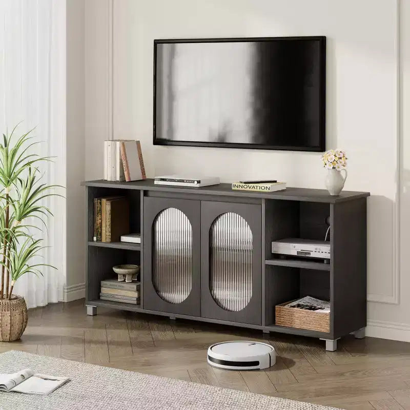 Meuble TV moderne pour téléviseur 65 pouces, meuble de divertissement noir avec étagères de rangement et portes en verre, console multimédia en bois pour salon