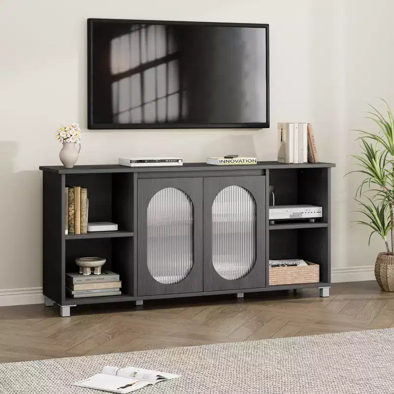 Meuble TV moderne pour téléviseur 65 pouces, meuble de divertissement noir avec étagères de rangement et portes en verre, console multimédia en bois pour salon