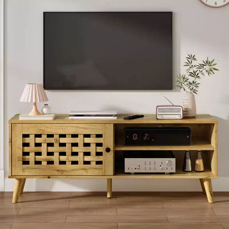 Meuble TV Heynemo avec rangement pour téléviseurs de 55 pouces, meuble TV en bois, meuble TV de style scandinave avec rangement, chambre à coucher, couleur bois naturel