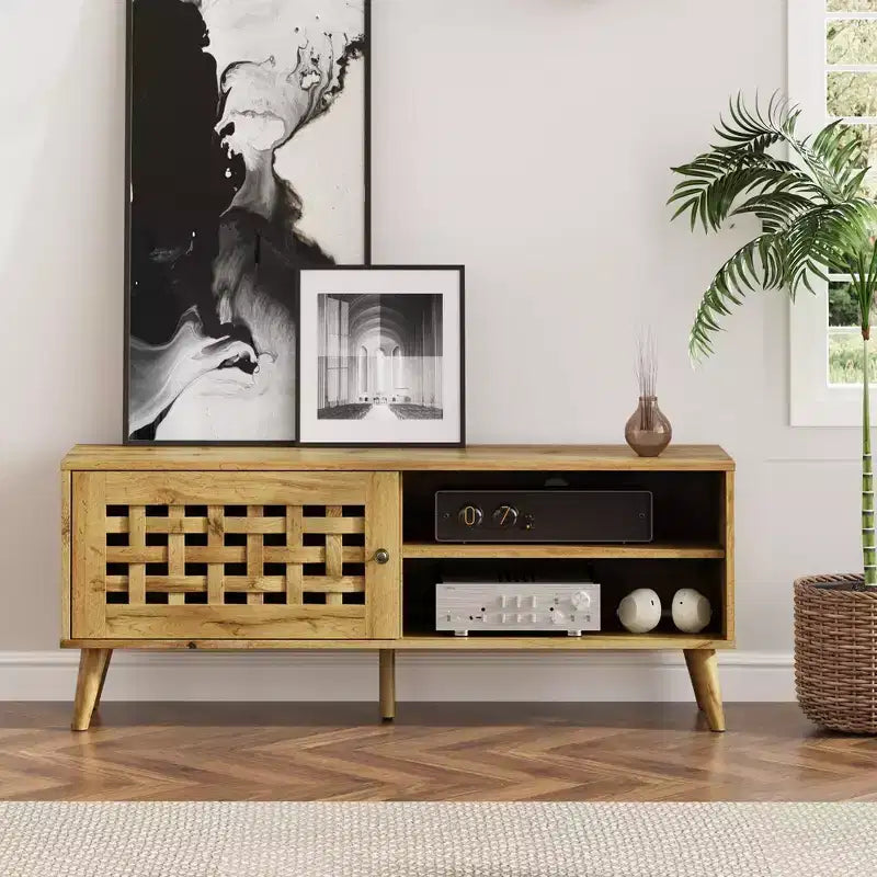 Meuble TV Heynemo avec rangement pour téléviseurs de 55 pouces, meuble TV en bois, meuble TV de style scandinave avec rangement, chambre à coucher, couleur bois naturel