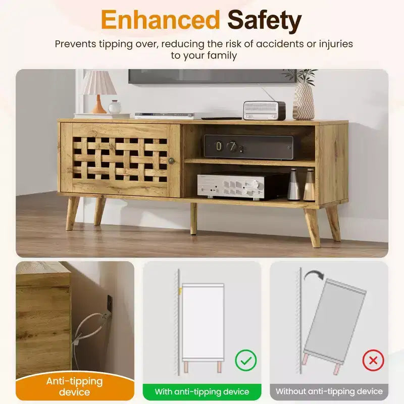 Meuble TV Heynemo avec rangement pour téléviseurs de 55 pouces, meuble TV en bois, meuble TV de style scandinave avec rangement, chambre à coucher, couleur bois naturel