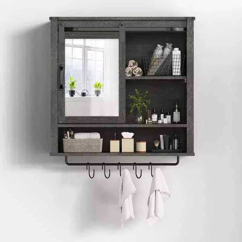 Heynemo Meuble de salle de bain mural, armoire de toilette avec porte, étagères réglables et barres porte-serviettes, gris foncé