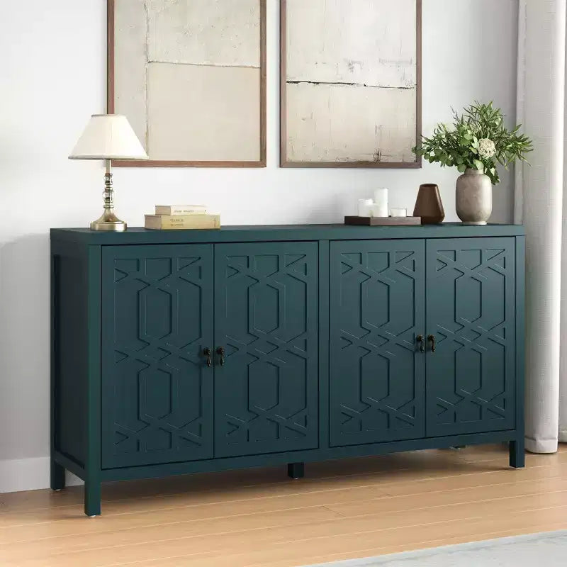 Buffet Heynemo, buffet de 152 cm de style moderne du milieu du siècle avec 4 portes et étagères réglables, buffet pour entrée, bleu turquoise