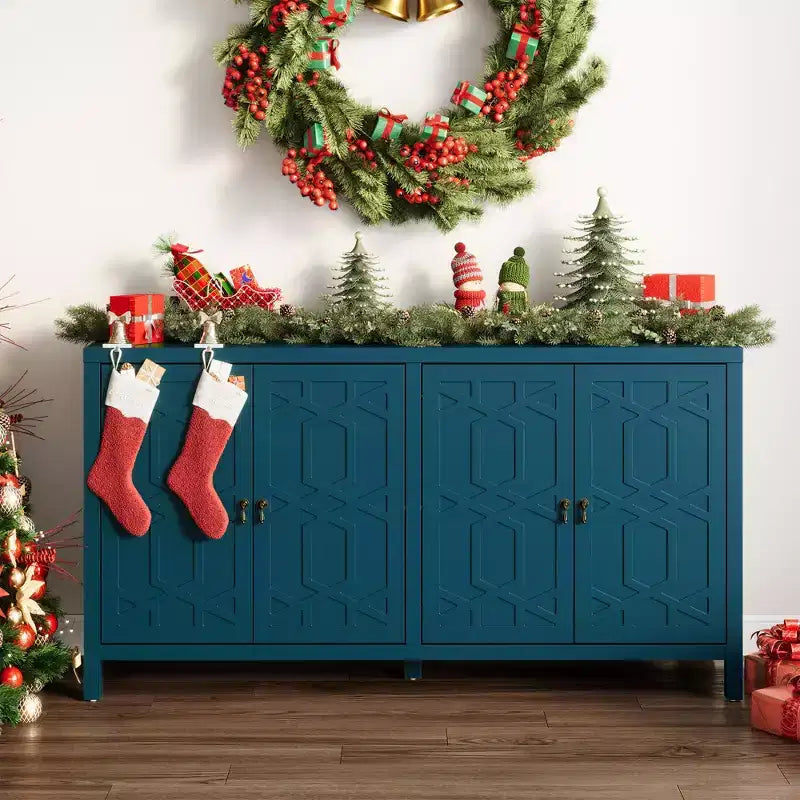 Buffet Heynemo, buffet de 152 cm de style moderne du milieu du siècle avec 4 portes et étagères réglables, buffet pour entrée, bleu turquoise