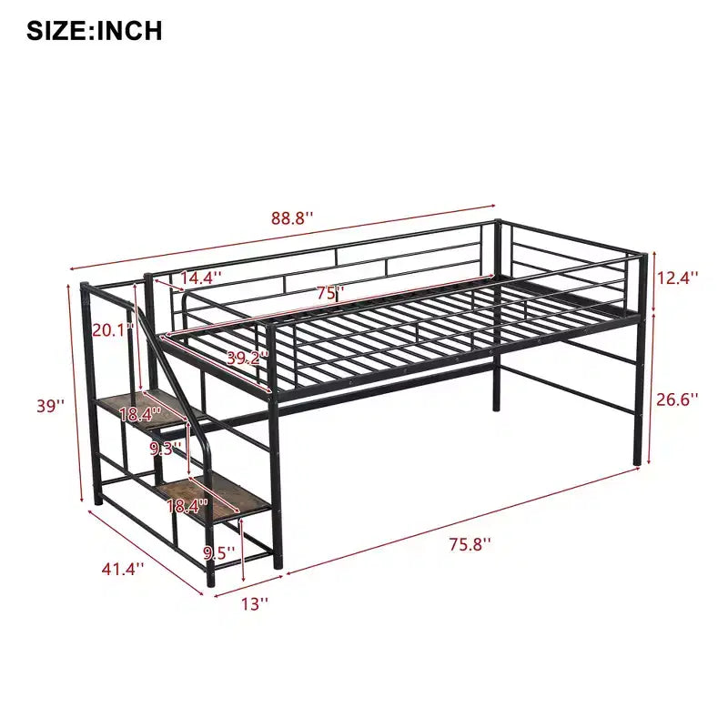 Lit mezzanine mi-hauteur Whisen 88,80''L 41,40''l 39,00''H avec escalier de rangement