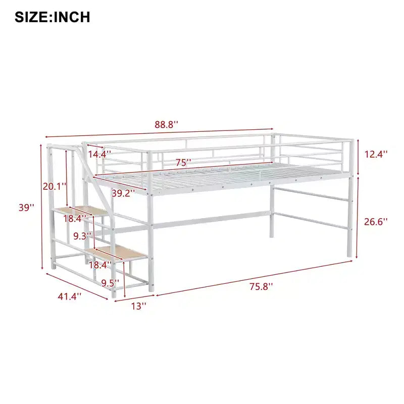 Lit mezzanine mi-hauteur Whisen 88,80''L 41,40''l 39,00''H avec escalier de rangement