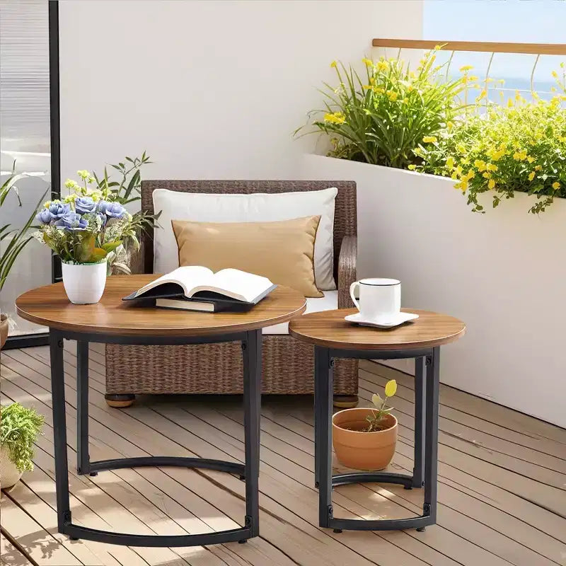 VECELO Tables gigognes basses (lot de 2), tables d'appoint rondes en bois avec pieds antidérapants réglables pour le salon, marron