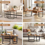 VECELO Tables gigognes basses (lot de 2), tables d'appoint rondes en bois avec pieds antidérapants réglables pour le salon, marron