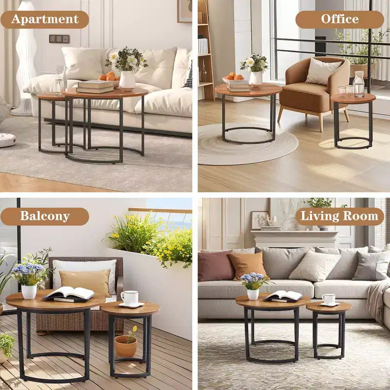 VECELO Tables gigognes basses (lot de 2), tables d'appoint rondes en bois avec pieds antidérapants réglables pour le salon, marron