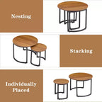 VECELO Tables gigognes basses (lot de 2), tables d'appoint rondes en bois avec pieds antidérapants réglables pour le salon, marron